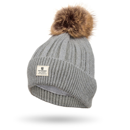 Ocieplana czapka damska z odpinanym pomponem Peterson PTN HAT-09 Grey
