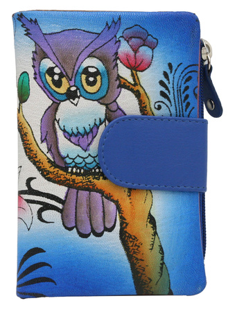 Ręcznie malowany skórzany portfel damski z motywem sowy N14-SPW OWL Blue No Logo