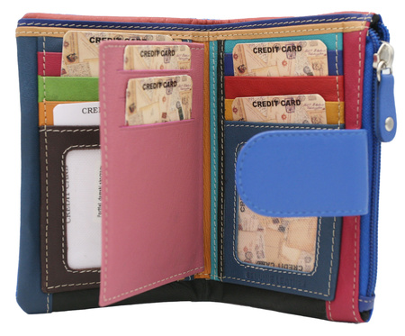 Hand-painted women's wallet made of genuine leather with butterfly and floral motifs N14-SPW BFT Blue No Logo