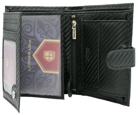 Gift set: a vertical men's wallet made of genuine leather with a carbon texture and a keychain PTN PK5-N4L-6853 Black