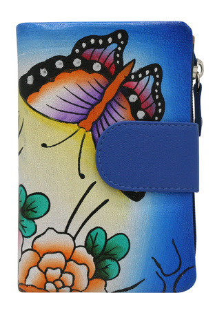 Hand-painted women's wallet made of genuine leather with butterfly and floral motifs N14-SPW BFT Blue No Logo