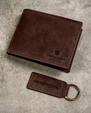 Leather wallet & key ring gift set PETERSON PTN SET-M-N003-CHM Brown