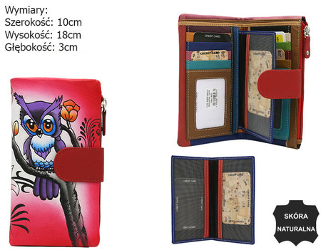 A leather hand-painted women's wallet with an owl motif N18-SPW OWL Red No Logo