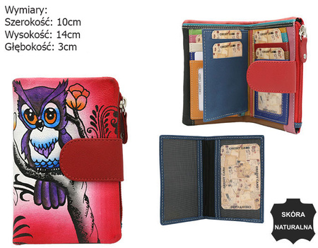 A leather hand-painted women's wallet with an owl motif N14-SPW OWL Red No Logo