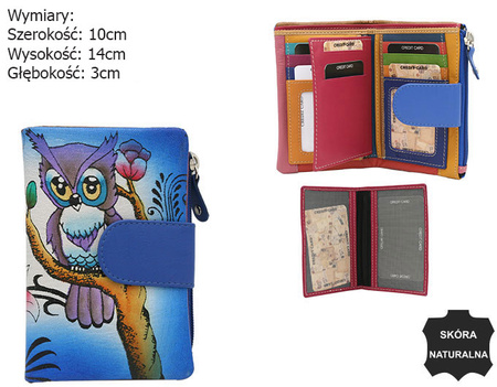 A leather hand-painted women's wallet with an owl motif N14-SPW OWL Blue No Logo