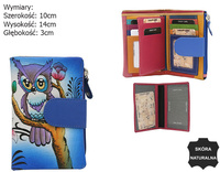 A leather hand-painted women's wallet with an owl motif N14-SPW OWL Blue No Logo
