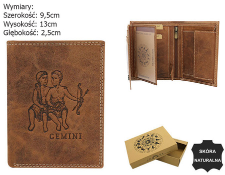 Portfel skórzany ze znakiem zodiaku Bliźniąt N4-CHM-GEMI Produkt bez rabatowy