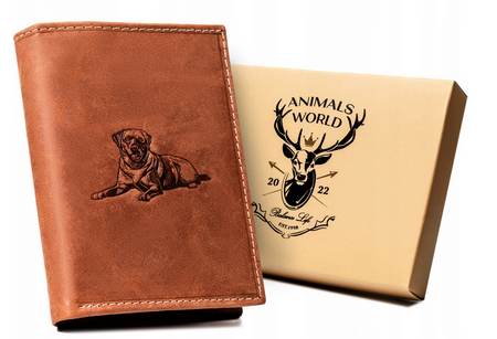Portfel męski skórzany zdobiony grawerem psa RFID N4-CHM-DOG-1 Cognac