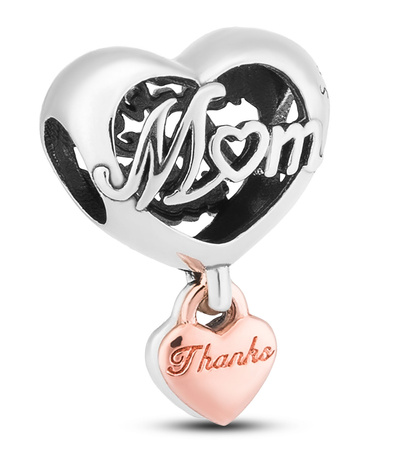 Silver Filigree Heart Charm with the Inscription "Thank You for being there Mom" by PETERSON CHP-020
