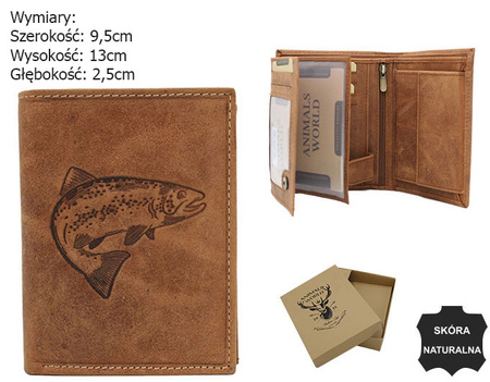 Męski portfel z naturalnej skóry nubukowej dla wędkarzy RFID N4-CHM-FISH Cognac