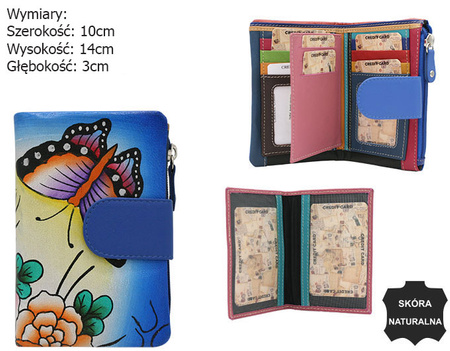 Hand-painted women's wallet made of genuine leather with butterfly and floral motifs N14-SPW BFT Blue No Logo