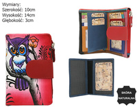 A leather hand-painted women's wallet with an owl motif N14-SPW OWL Red No Logo